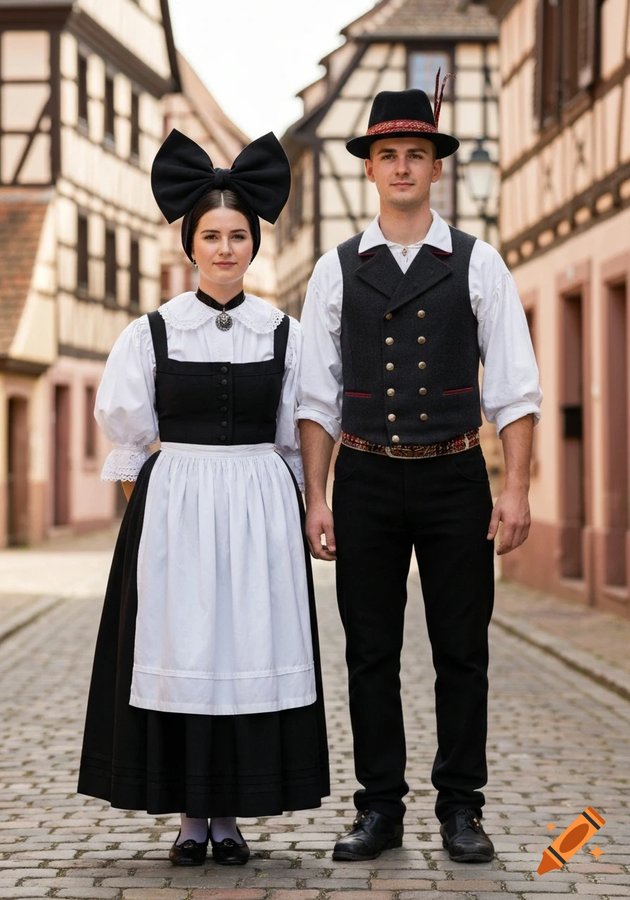 A man and woman in traditional Alsatian folk clothing stand on a cobblestone street with half-timbered buildings.