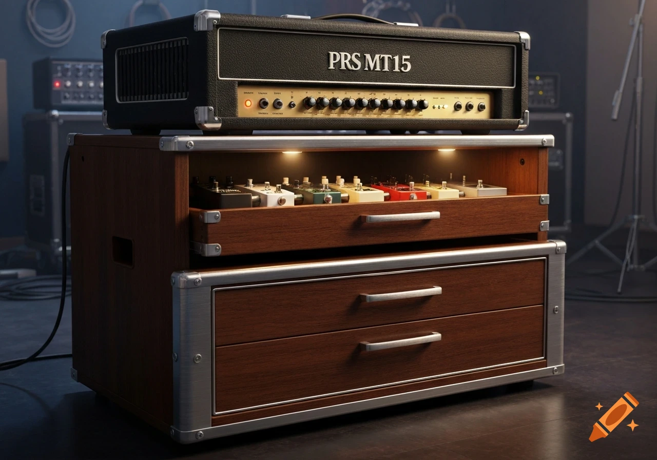 A photorealistic image of a PRS MT15 guitar amplifier on a wooden rack with drawers, containing various guitar effect pedals.
