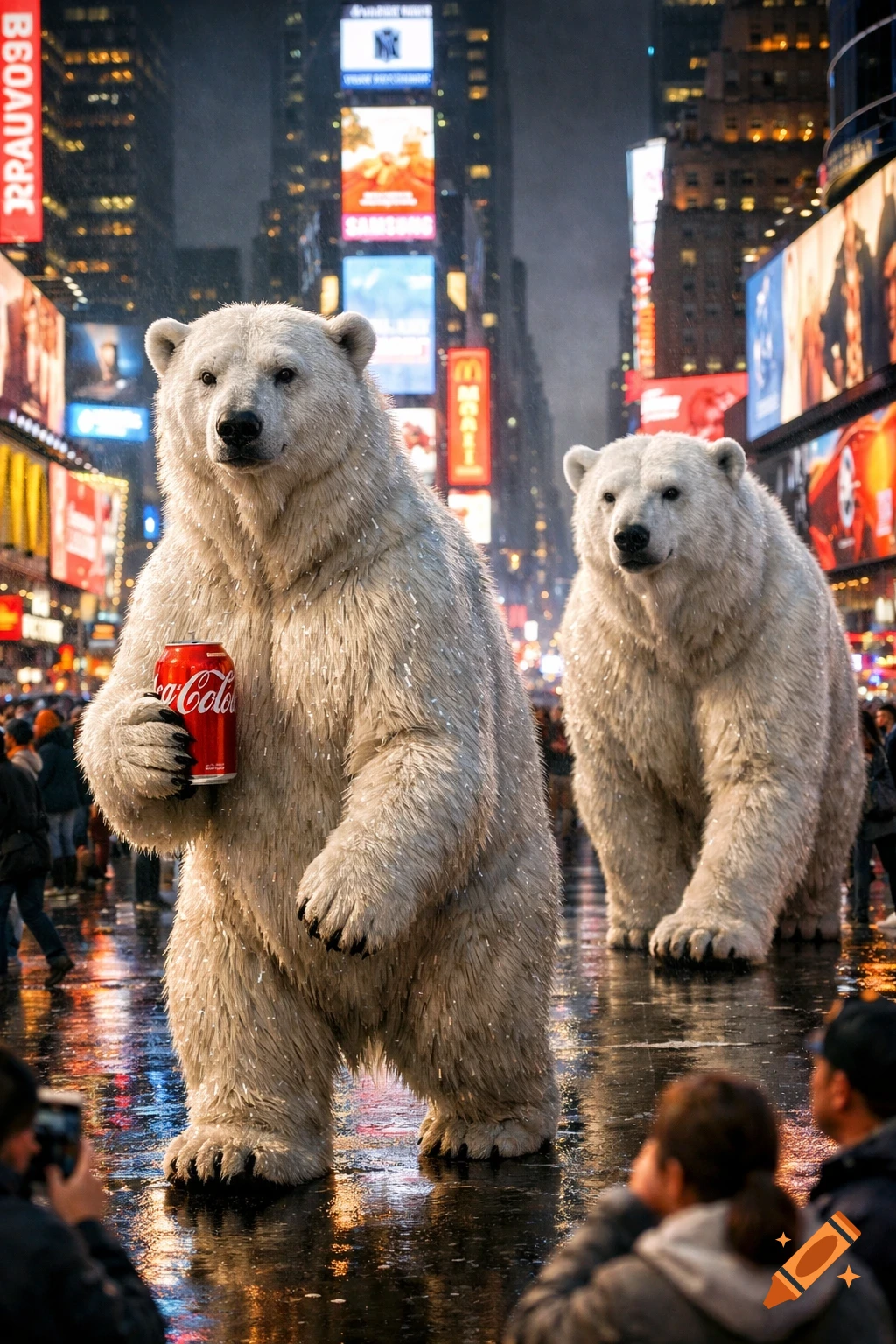 Two photorealistic polar bears stand in a bustling, rain-slicked Times Square at night, one holding a Coca-Cola can.