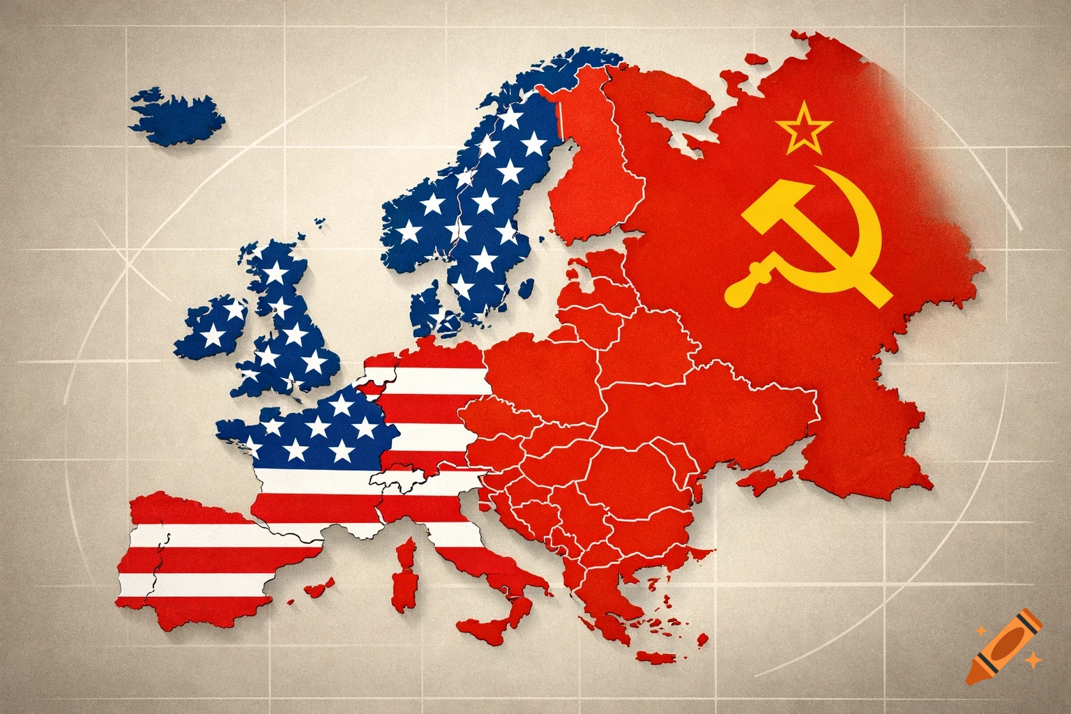 Map of Europe with the western part covered by the US flag and the eastern part by the USSR flag, in an infographic style.