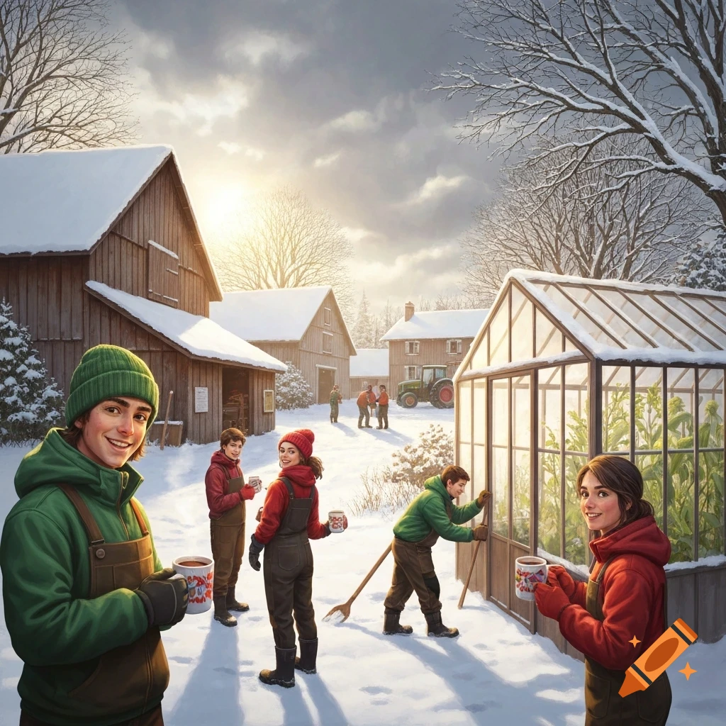 Smiling people in winter attire hold mugs on a snowy farm with barns and a greenhouse, under a sunny sky.