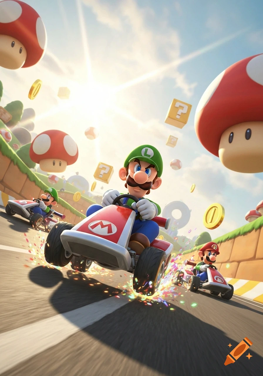 Luigi races his kart, with Mario in the background, on a bright, sunny Mario Kart course with item blocks, coins, and mushrooms.