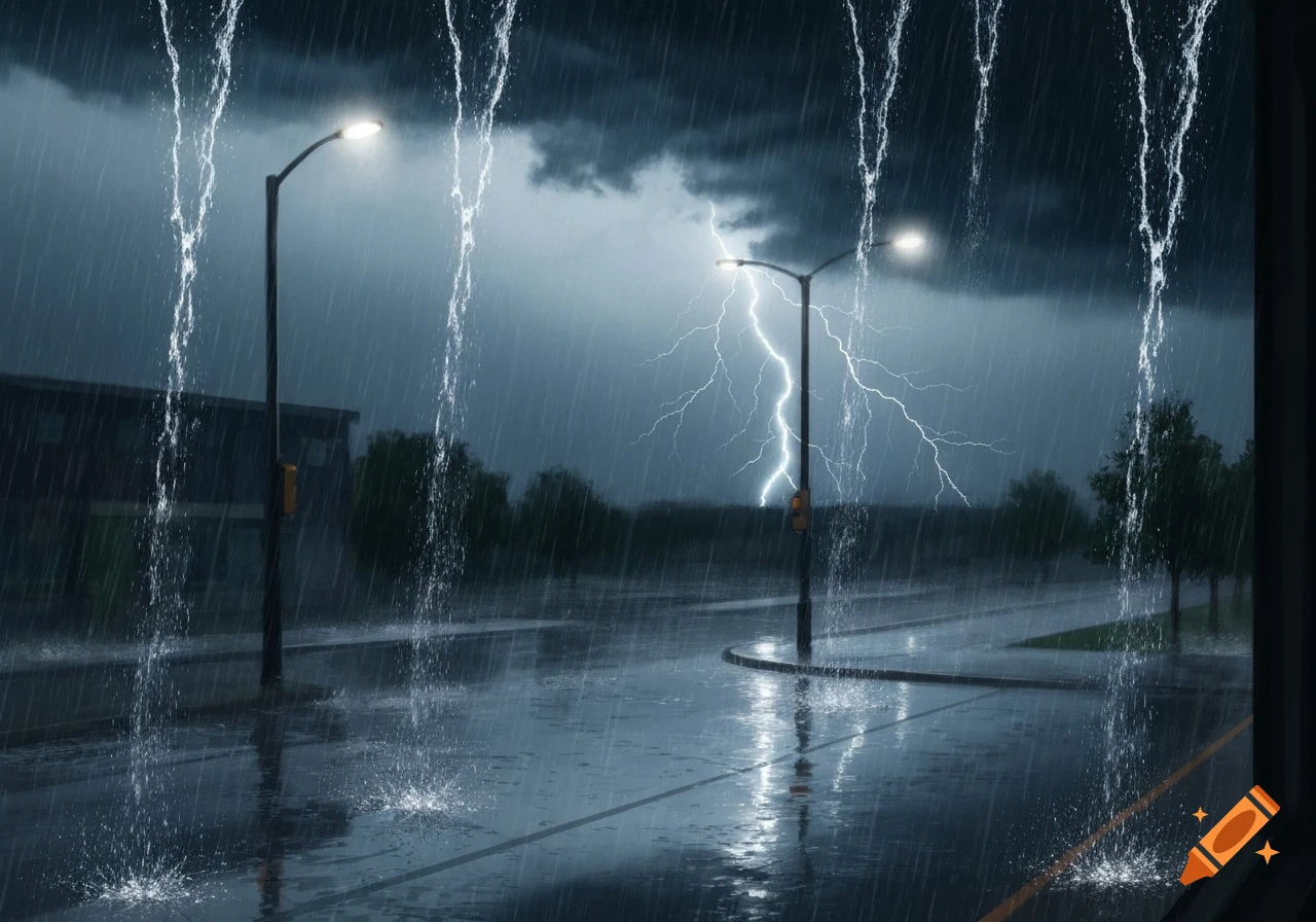 A dark, rainy city street at night, illuminated by streetlights and a bright flash of lightning across the sky.