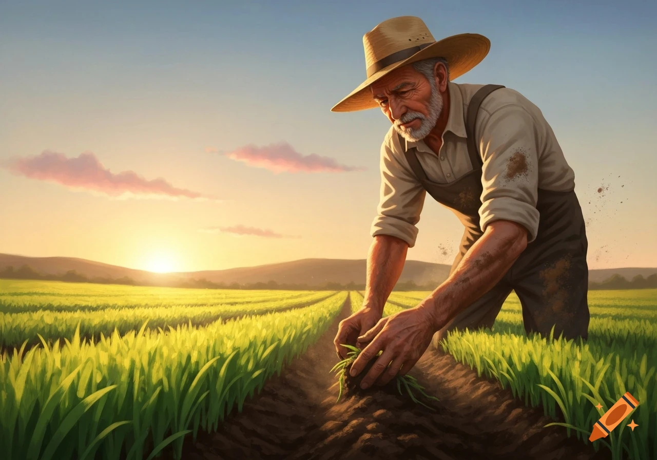 A farmer in a straw hat plants crops in a vibrant green field at sunset, with a warm sky overhead.