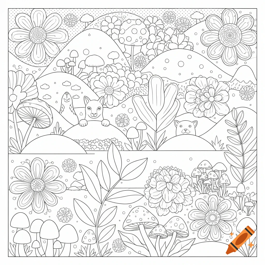 A detailed coloring page featuring a whimsical landscape with various flowers, mushrooms, hills, and two peek-a-boo animals in a hand-drawn line art style.
