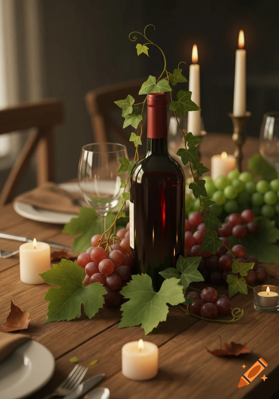 A table decorated with a bottle of red wine, green and red grapes, ivy, and several lit candles.