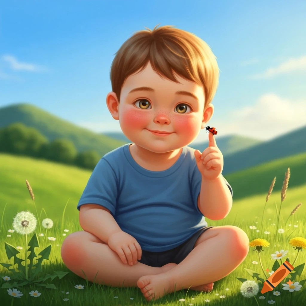 A cute chubby baby boy with rosy cheeks sits smiling in a sunny grassy field with a ladybug on his finger.