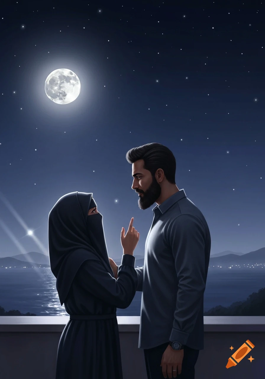 A niqabi woman gestures towards a bright full moon in a starry night sky, looking at a bearded man next to her, overlooking a shimmering body of water and distant city lights.