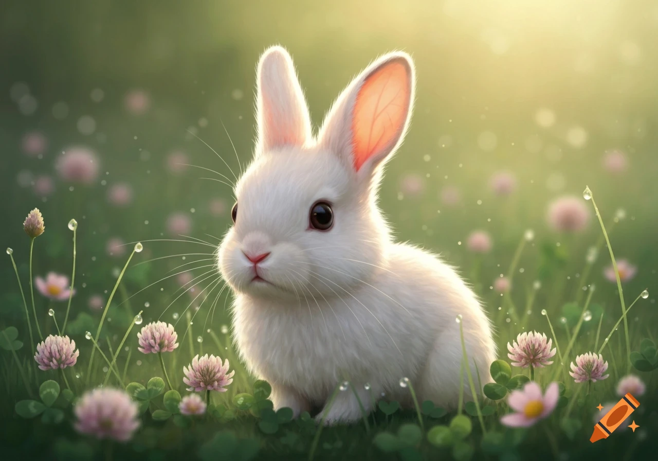 A fluffy white bunny with large eyes sits in a grassy field dotted with pink clover flowers and dew drops, in a photorealistic style.
