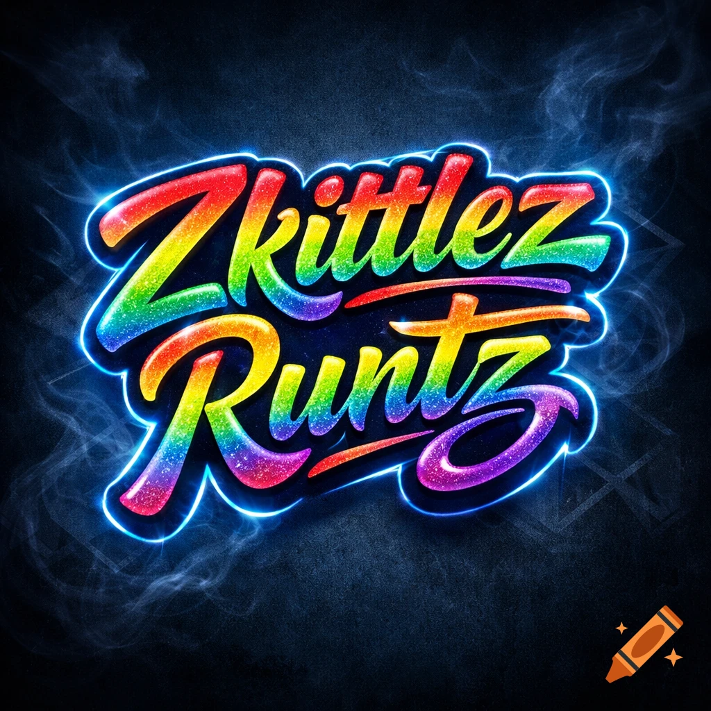 Colorful, glittery text "Zkittlez Runtz" with a neon blue glow and smoke on a dark background.