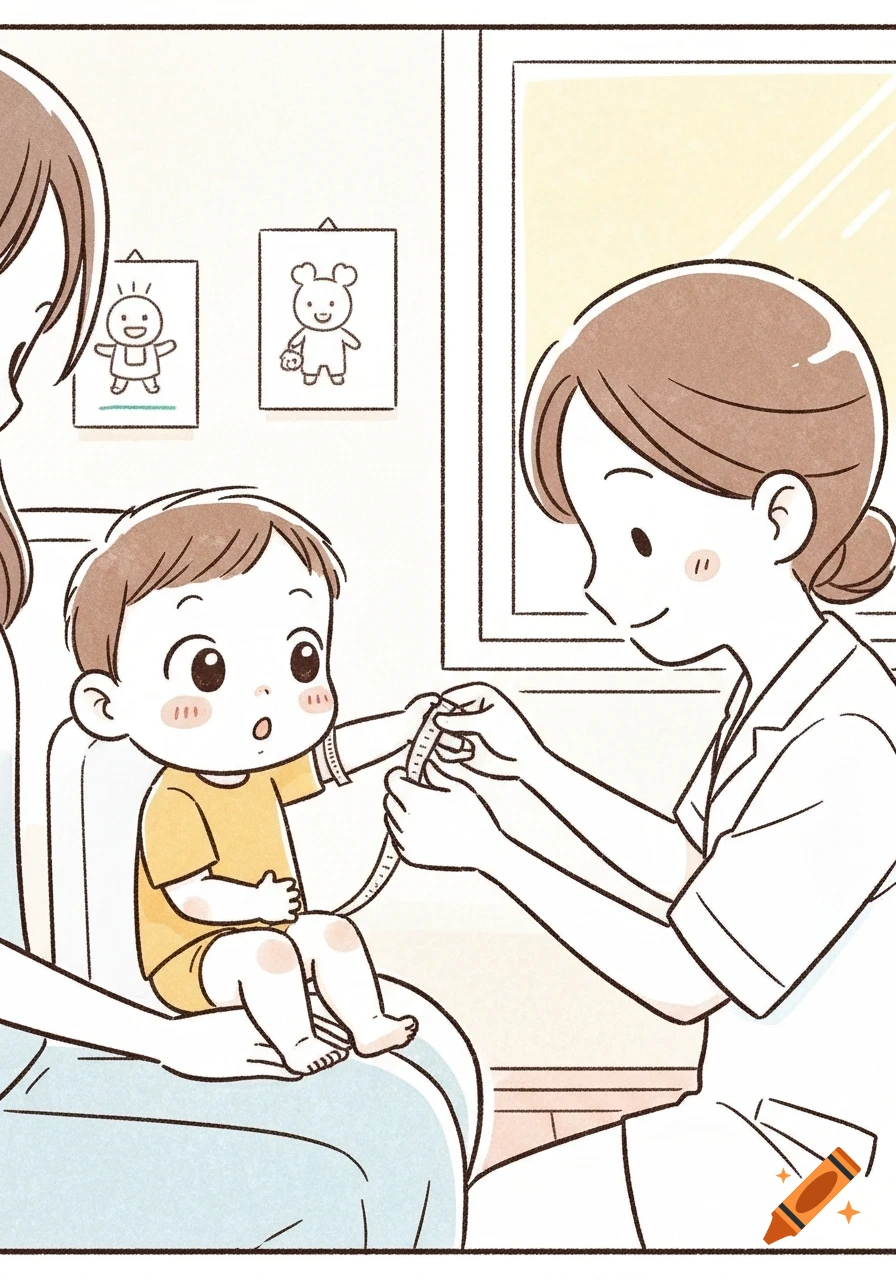 Cartoon illustration of a baby sitting on a parent's lap, having its arm measured by a smiling nurse in a clinic.
