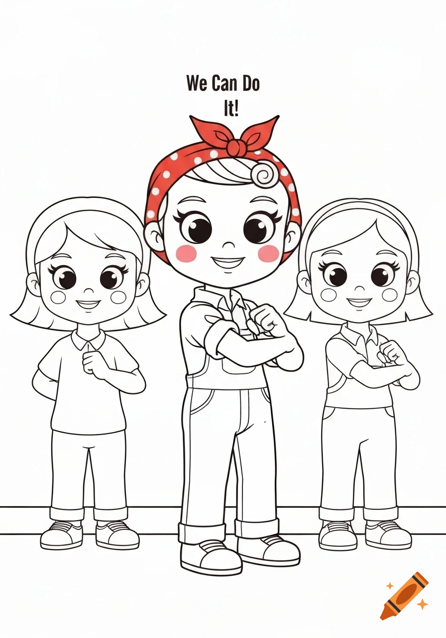 Three smiling cartoon children in coloring book line art, with the central child dressed as Rosie the Riveter, under the text 'We Can Do It!'.