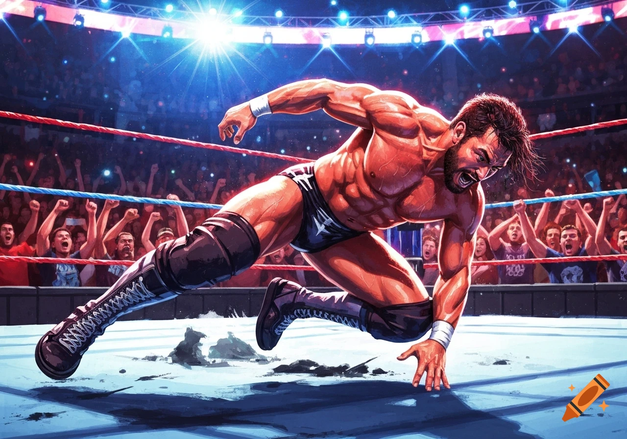 Muscular male wrestler in black trunks and boots, leaning forward in a brightly lit wrestling ring with a cheering crowd, in an illustration style.