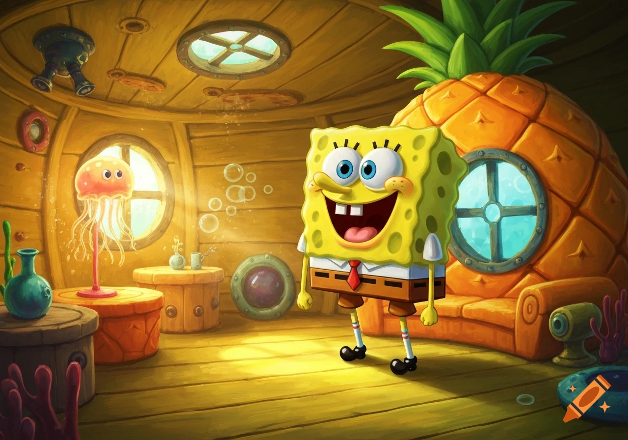 Spongebob Squarepants stands smiling inside his brightly lit pineapple house, with a glowing jellyfish lamp nearby.