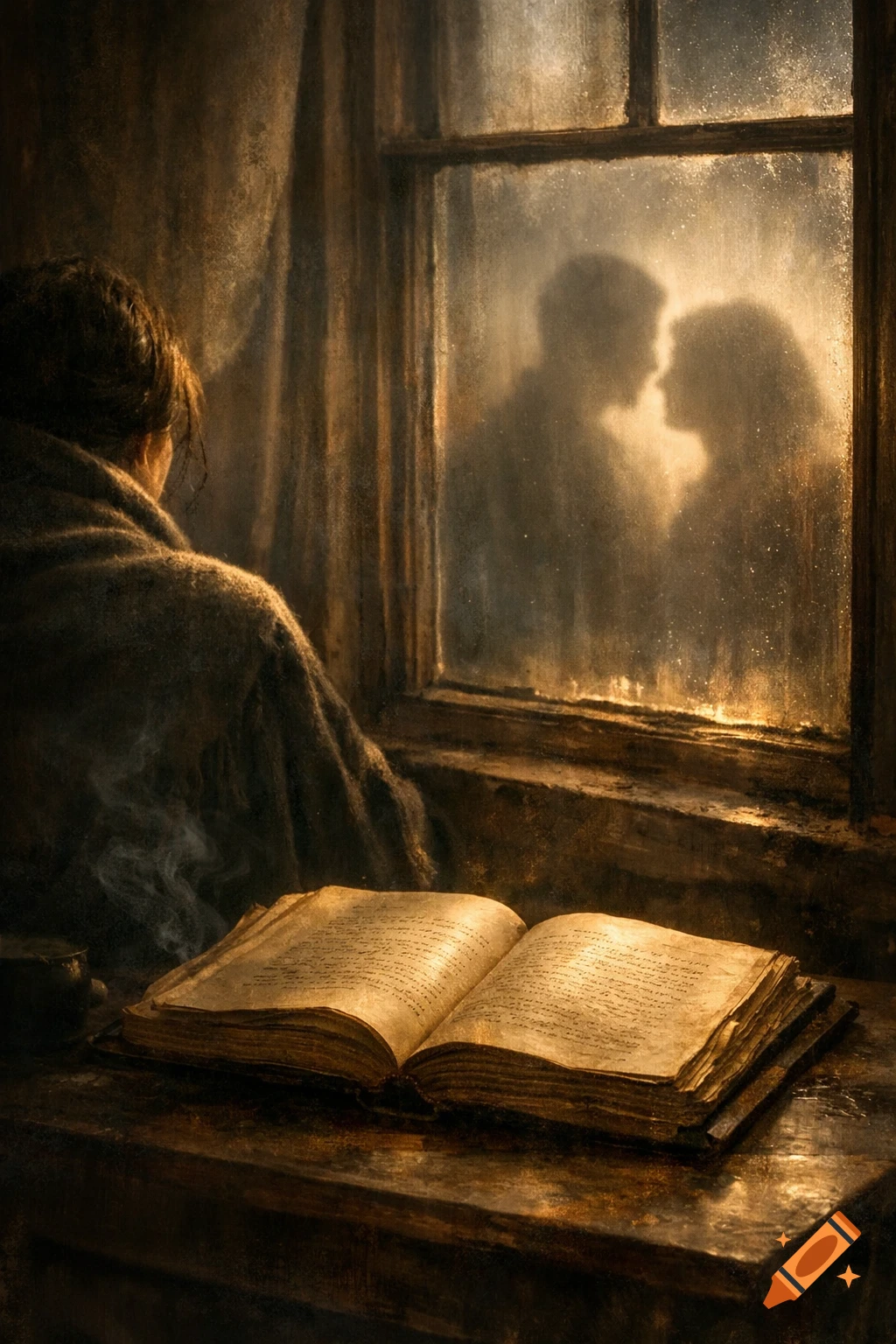 A person looks out a window at two silhouetted figures, a book open on the table in a dark, moody room. Realistic style.
