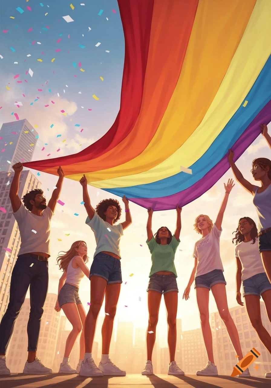 A diverse group of people holding a large rainbow flag aloft in a city setting with confetti falling under a bright sky, illustration.