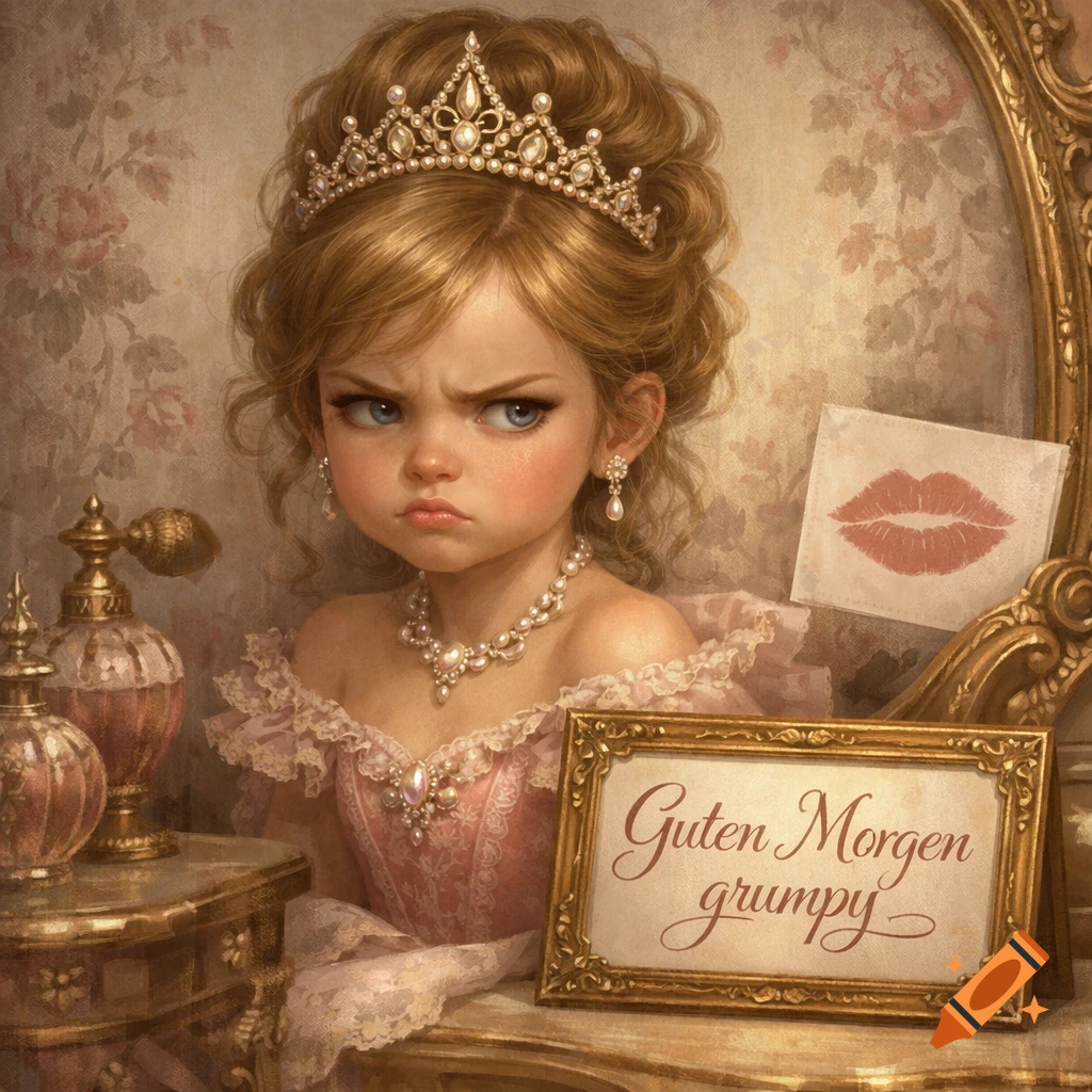 Detailed painting of a grumpy young princess with a tiara and pearls at a vanity table, a sign reads "Guten Morgen grumpy".