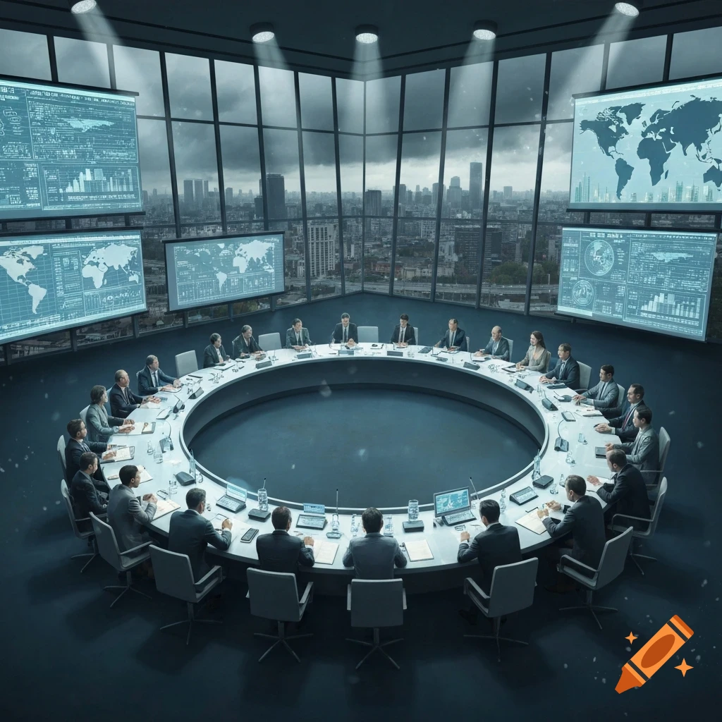 A diverse group of people in business attire sits around a large circular table in a high-tech conference room overlooking a city, with data screens on the walls.