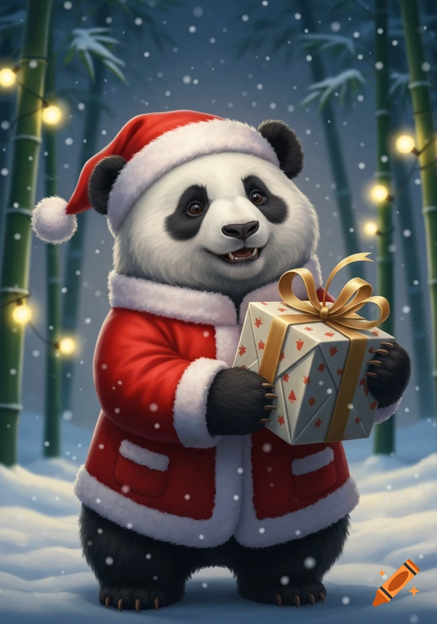 A cheerful panda in a Santa suit holds a Christmas gift in a snowy bamboo forest decorated with string lights.