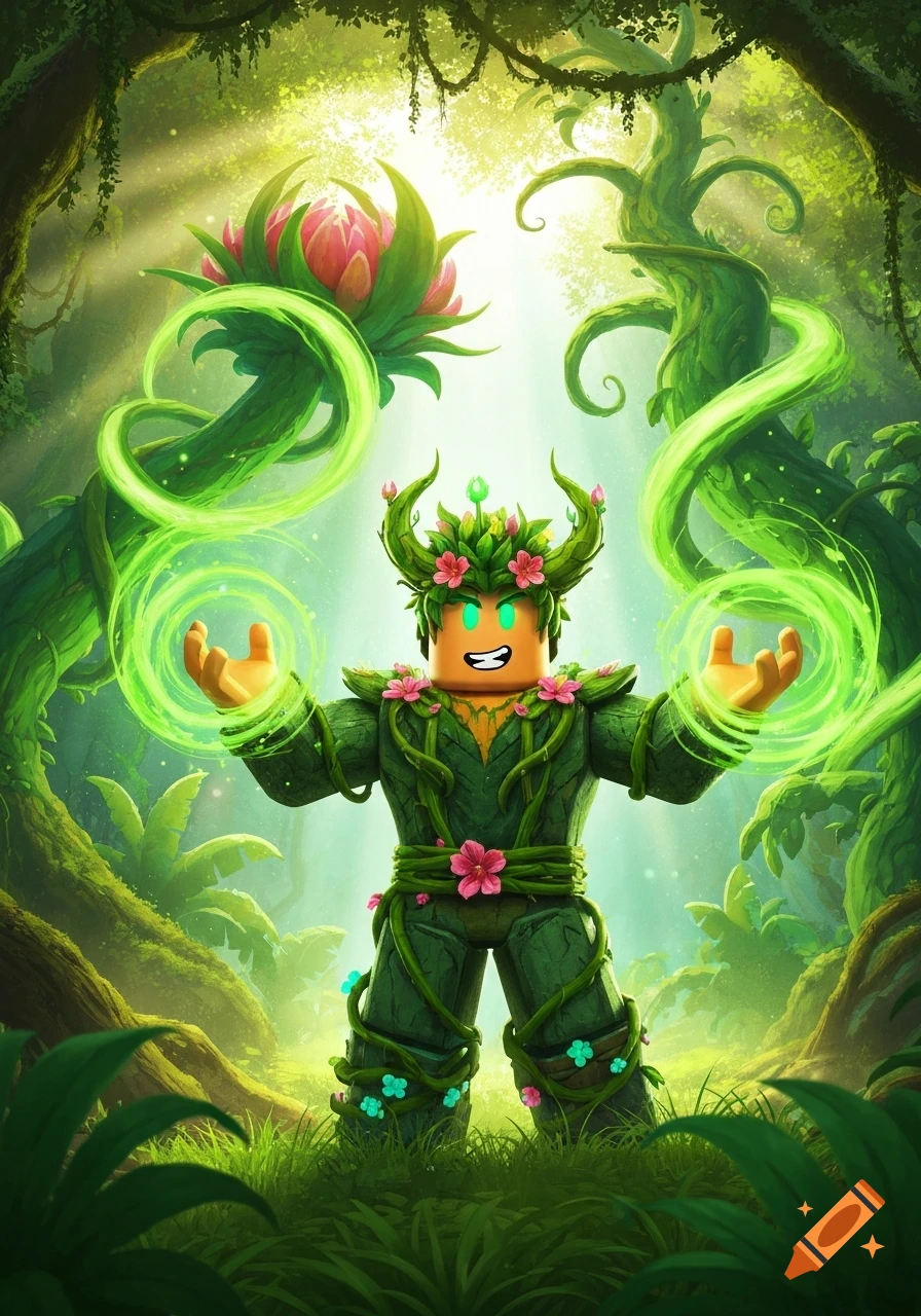 Roblox-style plant controller character with glowing green energy in a lush jungle setting.