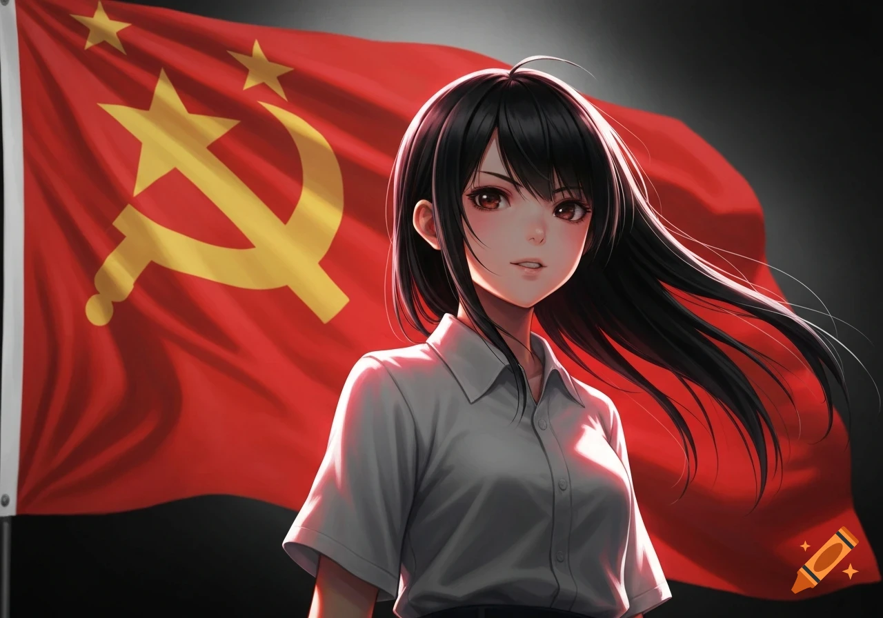Anime illustration of a black-haired girl in a white shirt, standing against a red communist flag with a golden hammer and sickle.