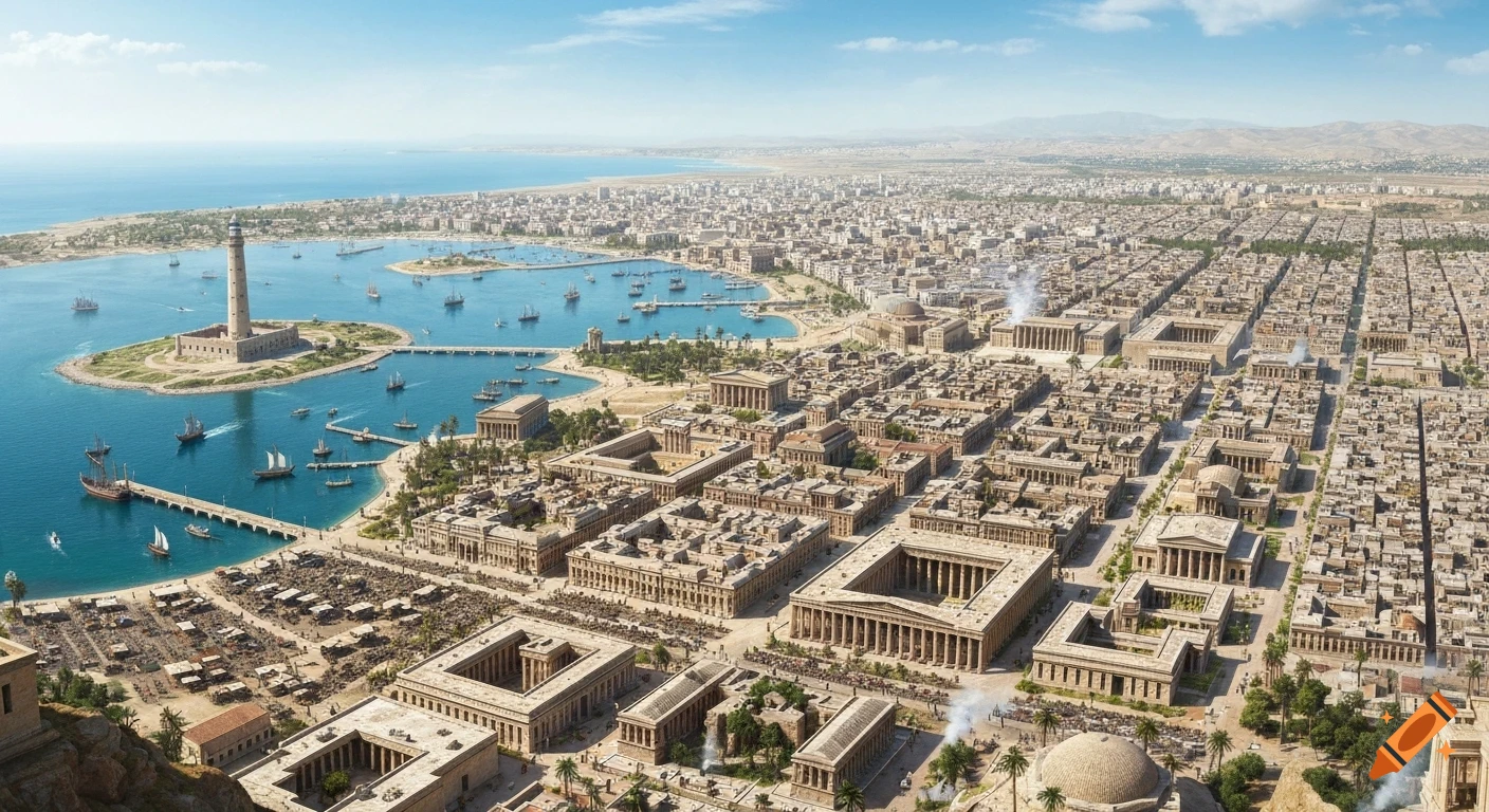 A panoramic, photorealistic aerial view of the ancient city of Alexandria with its towering lighthouse, busy harbor, and grand grid layout.