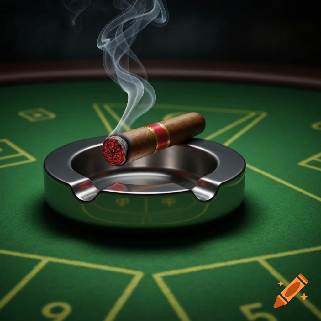 A lit cigar with wisps of smoke in a metal ashtray on a green poker table with yellow markings.