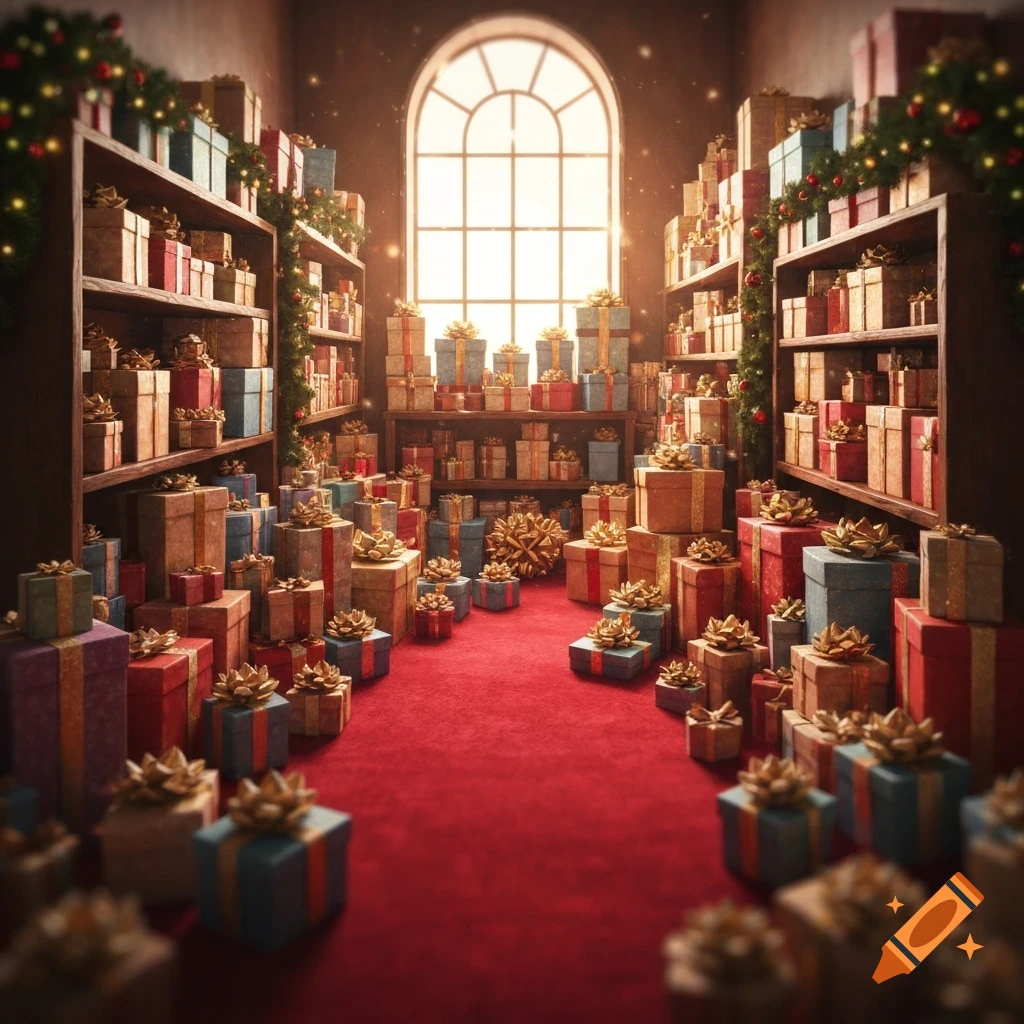 A festive room overflowing with colorful wrapped gifts on shelves and a red carpet, lit by an arched window.