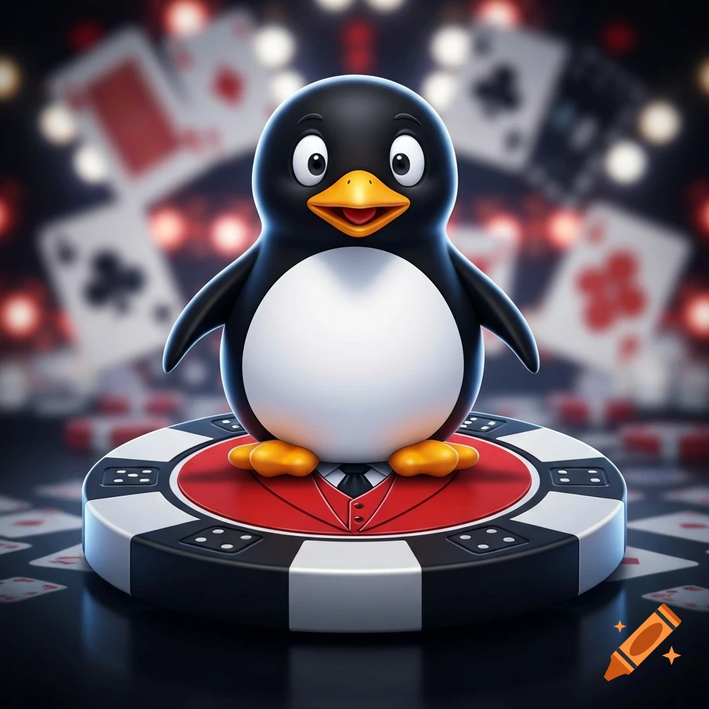 A cute cartoon penguin, Tux the Linux mascot, stands on a red and black poker chip with blurred playing cards in the background.