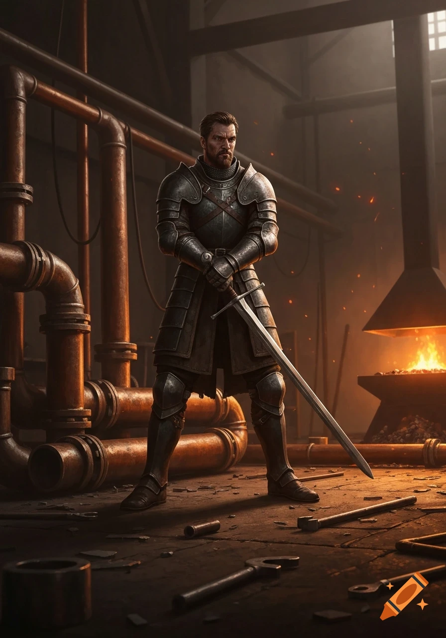 A knight in full plate armor stands with his sword in a dark, pipe-filled forge with a glowing furnace.