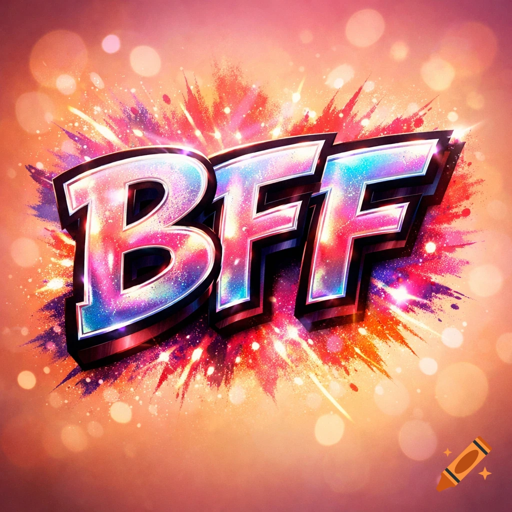 Stylized, glittery 3D text 'BFF' in vibrant pinks and blues against a sparkling, colorful explosion background.