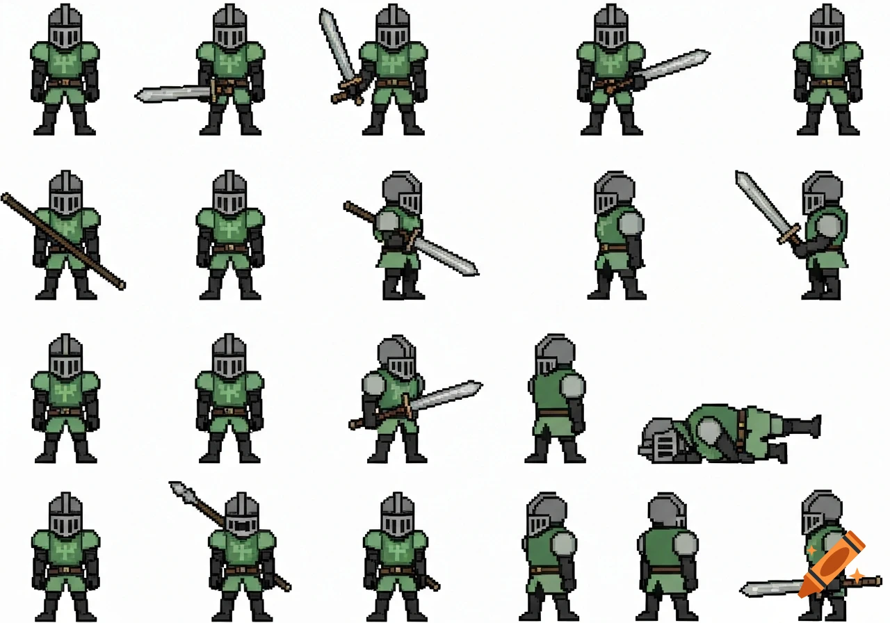 A pixel art sprite sheet featuring a knight in green armor and grey helmet, holding various weapons, in multiple poses against a white background.
