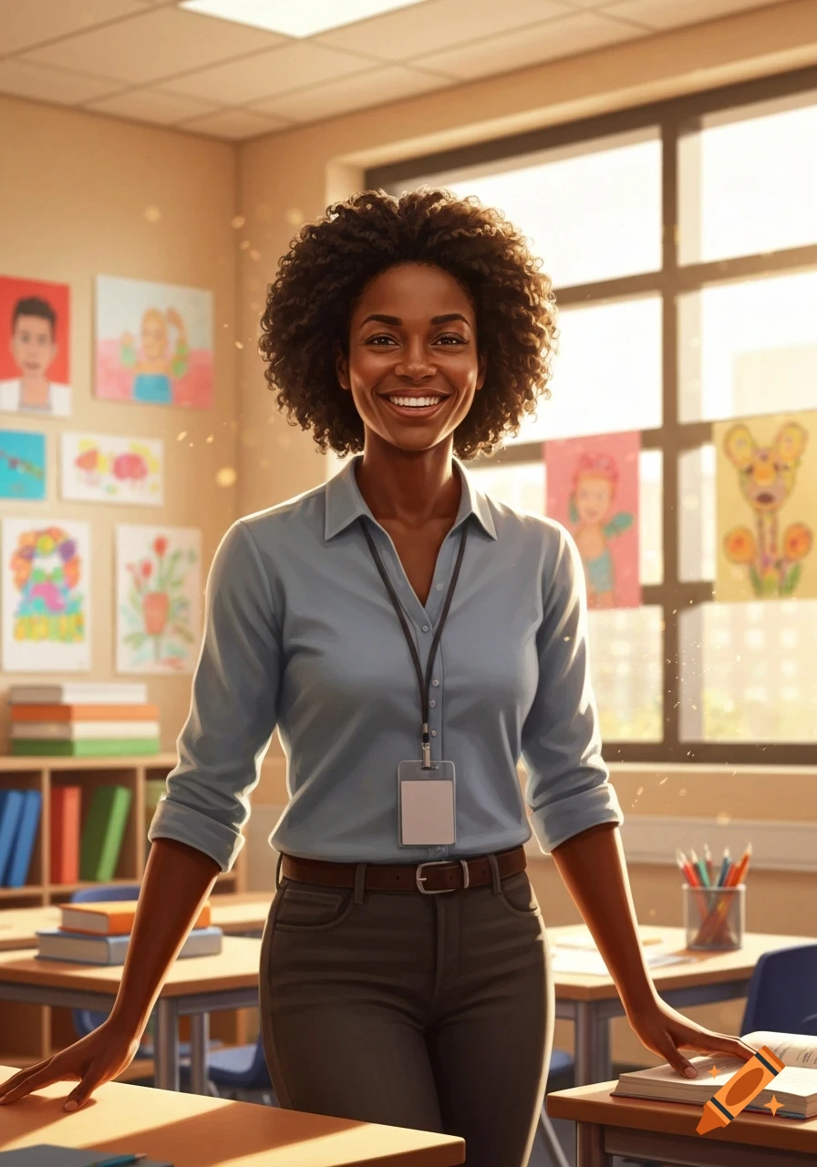 Photorealistic portrait of a smiling African American female teacher in a bright classroom.