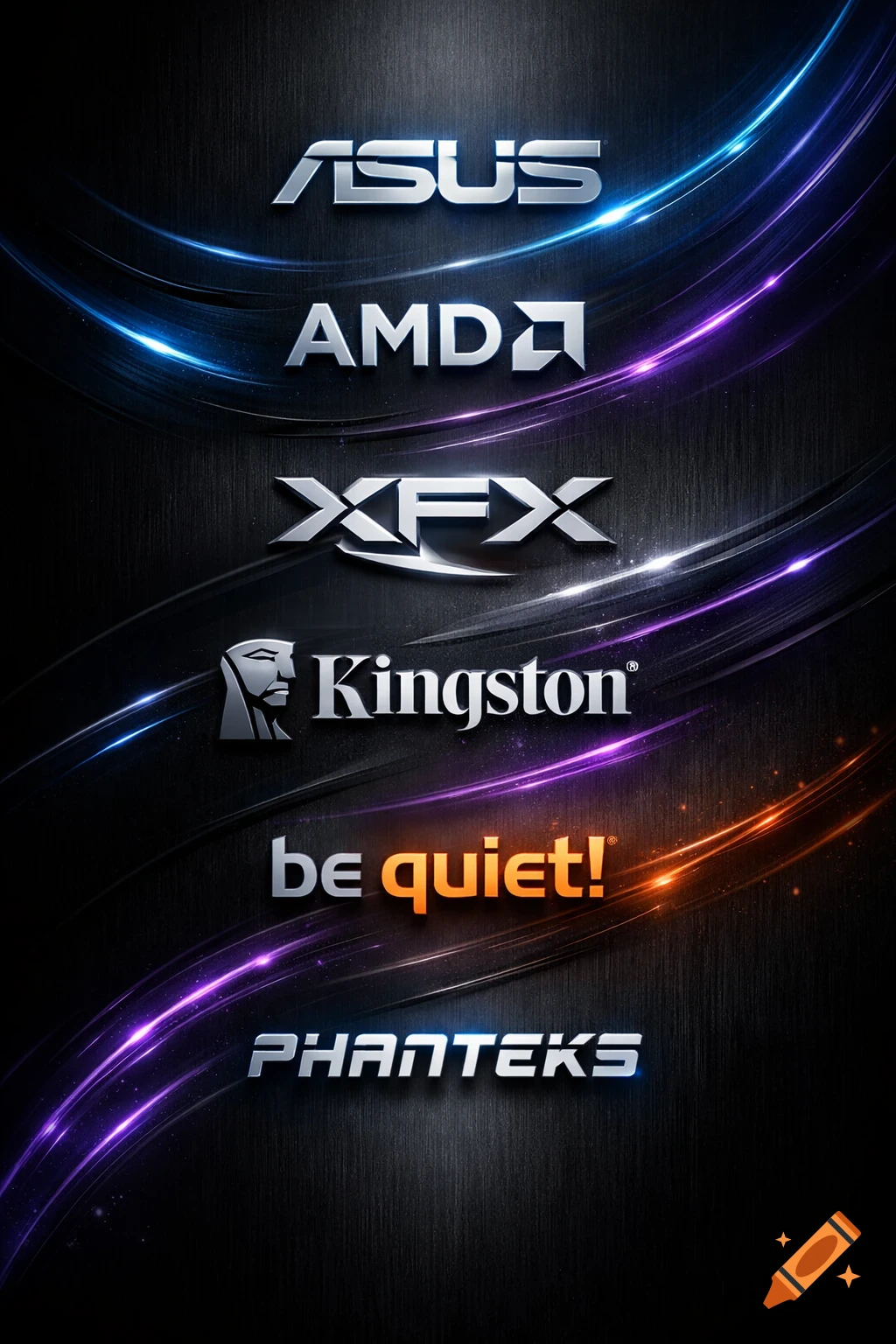 A dark background with vertical glowing streaks features the logos of ASUS, AMD, XFX, Kingston, be quiet!, and PHANTEKS.
