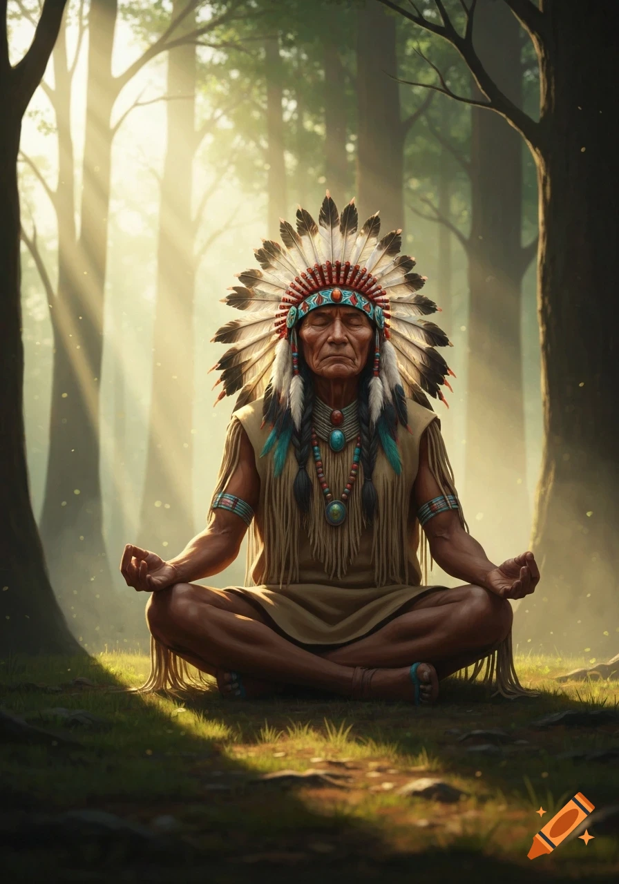 An older man in a feather headdress and traditional attire meditates in the lotus position in a sunlit forest.