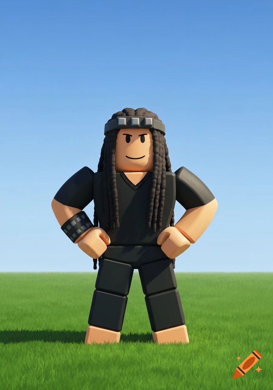 A Roblox-style block avatar with dreadlocks and a studded headband, wearing all black, stands with hands on hips on green grass under a clear blue sky.