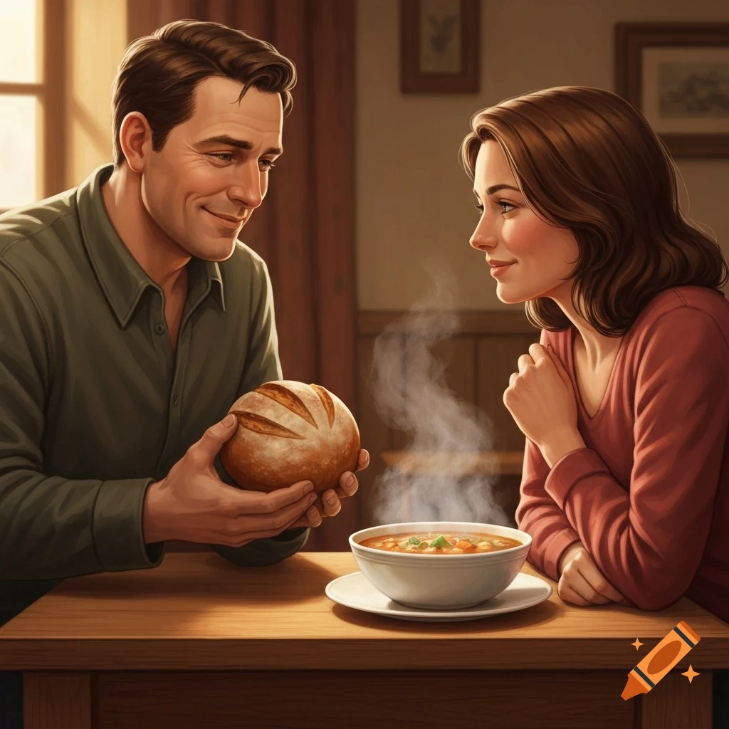 A man holding a loaf of bread smiles at a woman with a steaming bowl of soup on a wooden table in a cozy room.