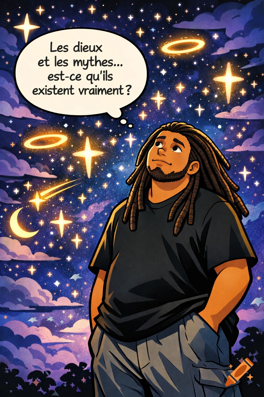 A cartoon man with dreadlocks looks up at a starry night sky filled with religious symbols like crosses and halos, a thought bubble above him reads, "Do gods and myths... do they really exist?"