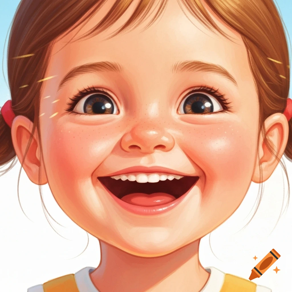 A close-up, brightly lit illustration of a smiling little girl with pigtails and freckles, looking directly forward.