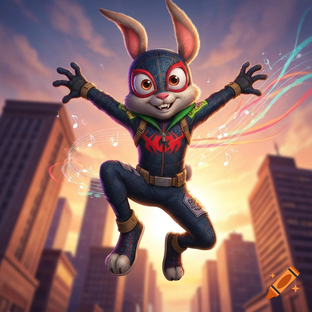 A happy, cartoonish bunny character in a dark blue superhero suit with a red spider emblem jumps in the air over a city skyline at sunset, surrounded by musical notes and colorful ribbons.