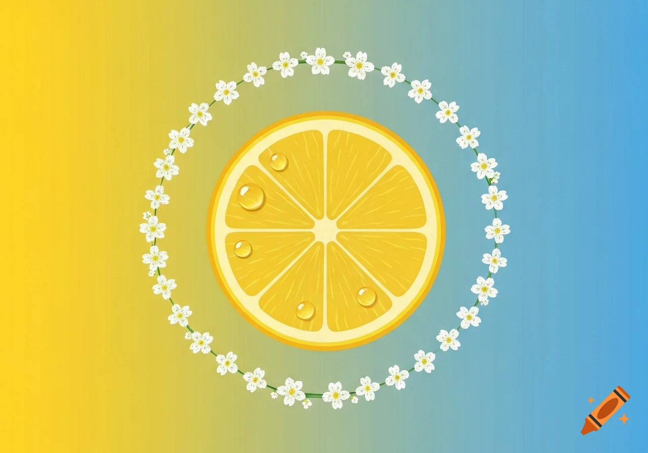 A vibrant yellow lemon slice with water droplets, encircled by a wreath of white flowers, on a yellow-blue gradient background.