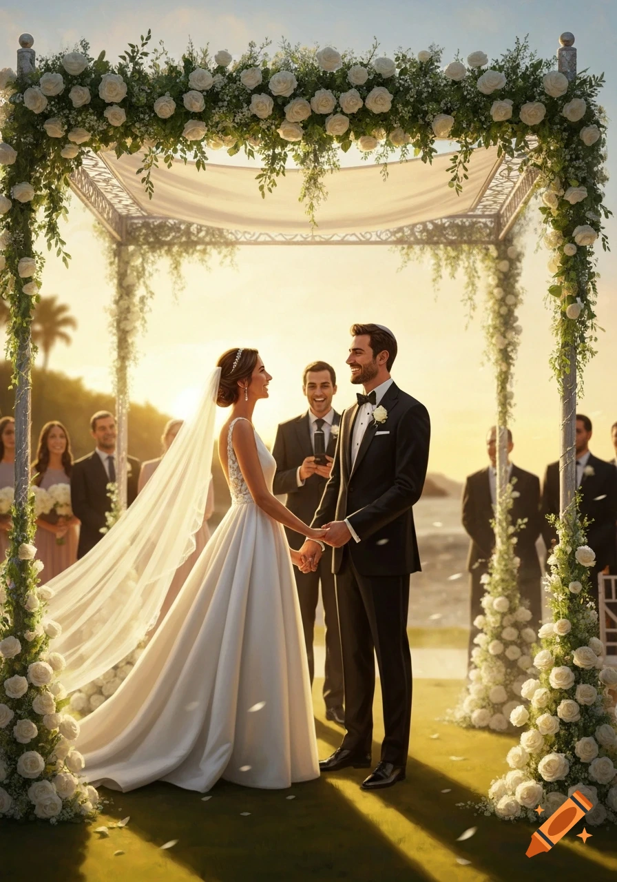 Photorealistic image of a smiling bride and groom holding hands under a floral chuppah at an outdoor sunset wedding with guests.