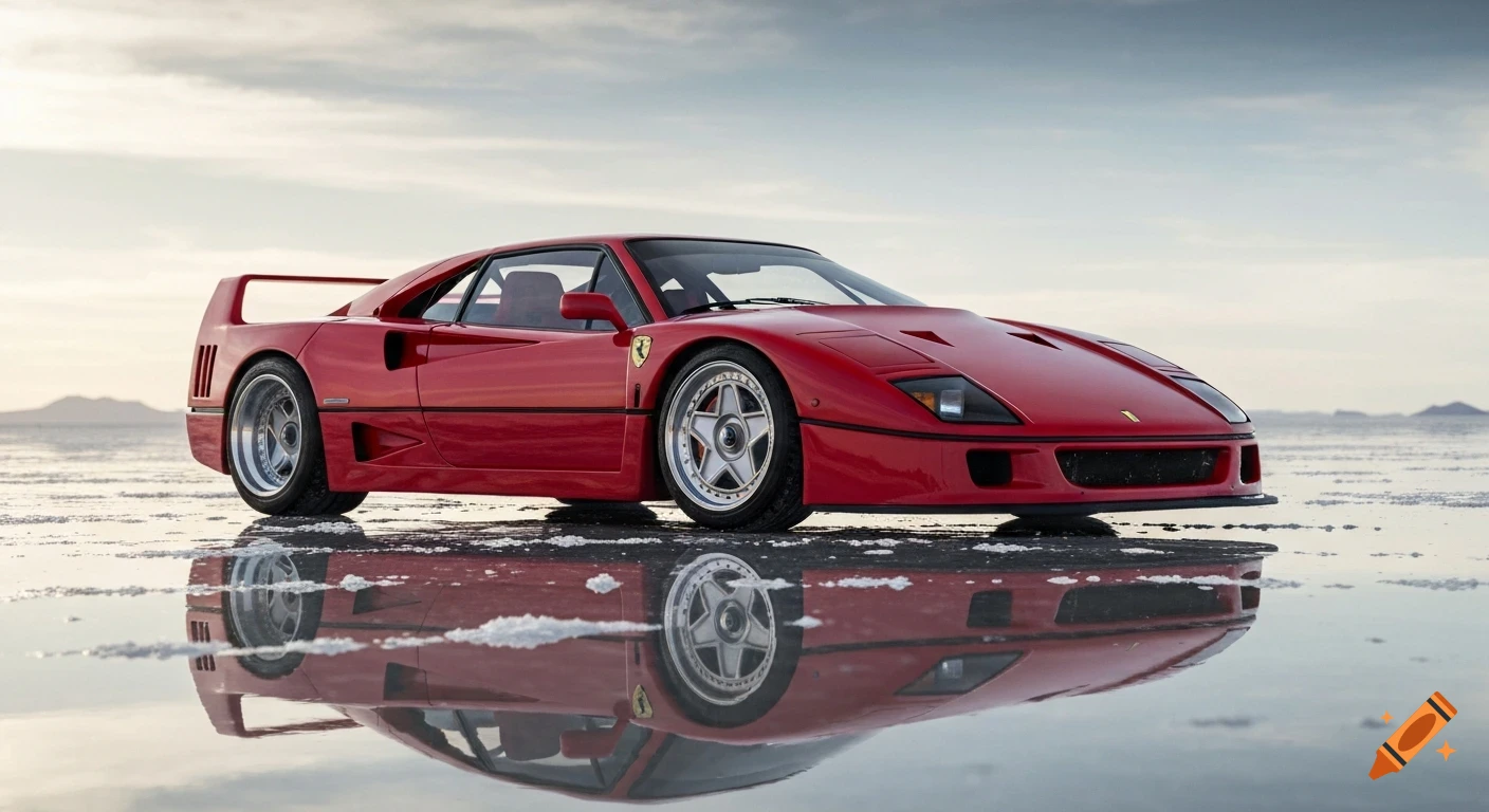 A glossy red Ferrari F40 sports car sits on wet salt flats, reflecting perfectly in the water under a cloudy sky.