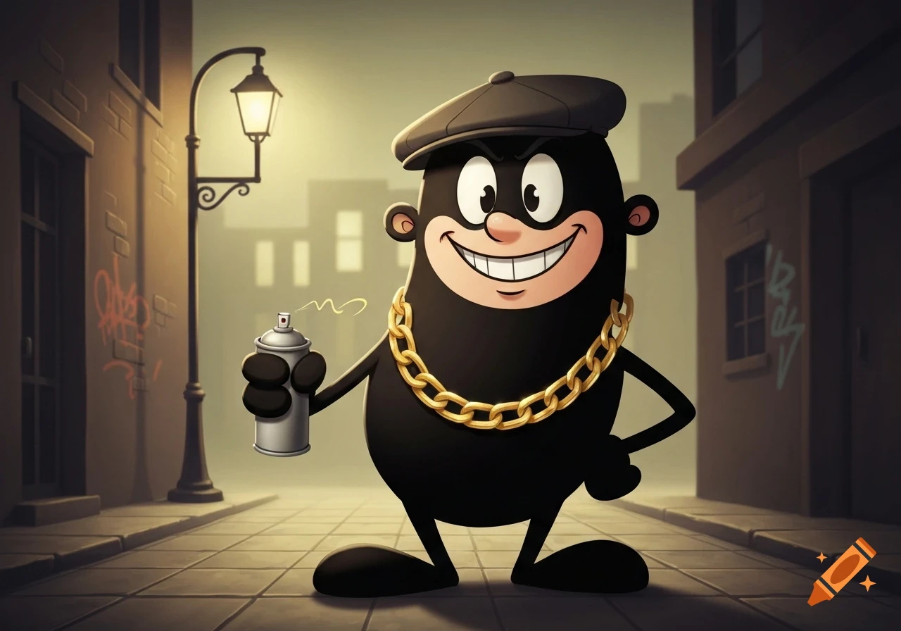 A cartoon bandit character in 1930s rubberhose animation style, wearing a flat cap and gold chain, holding a spray can in an urban alley with graffiti.