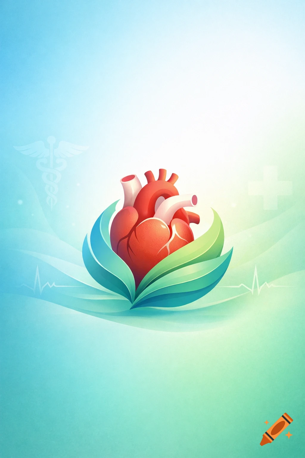Stylized anatomical heart embraced by green and blue leaves on a gradient background with subtle medical symbols.