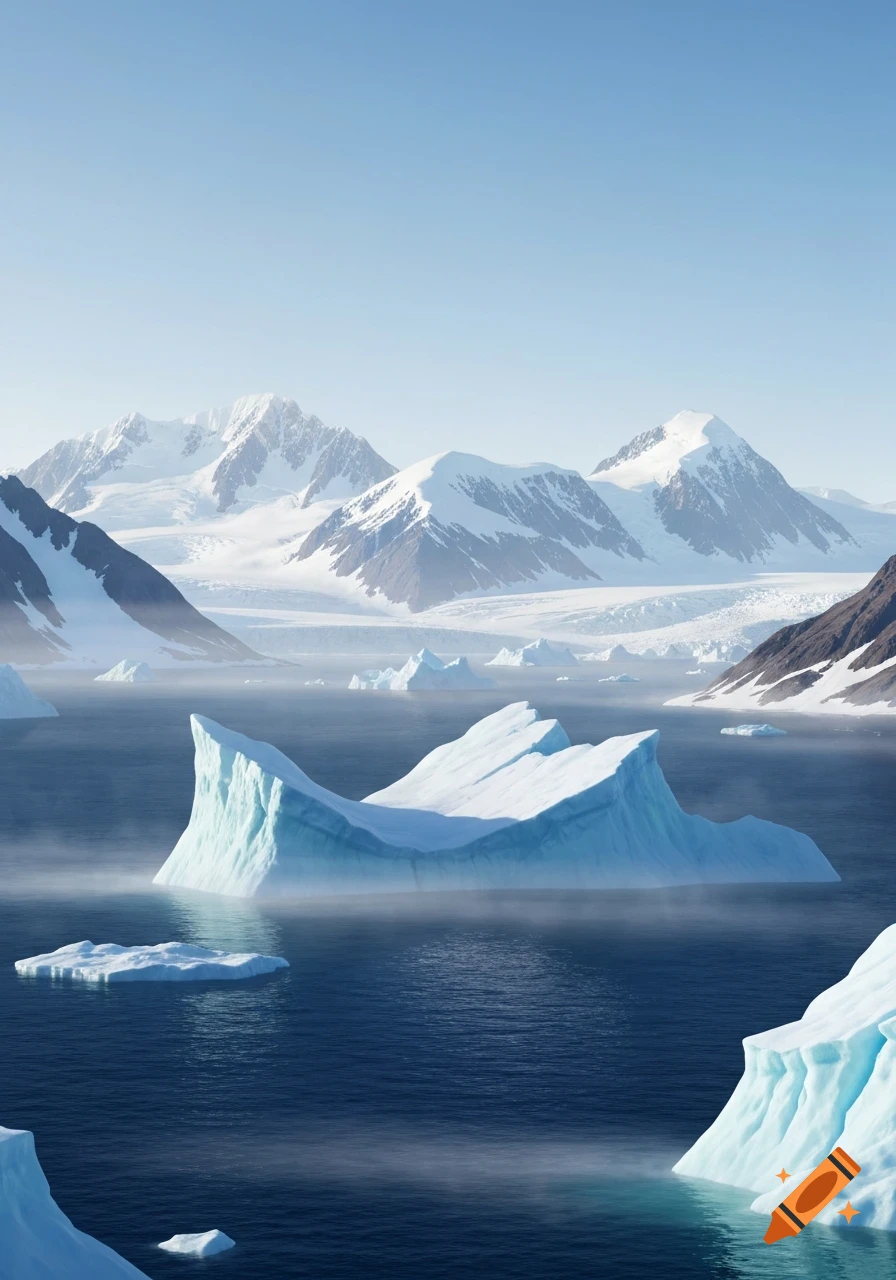 A serene arctic landscape with large icebergs in dark blue water, surrounded by snow-capped mountains under a clear sky.