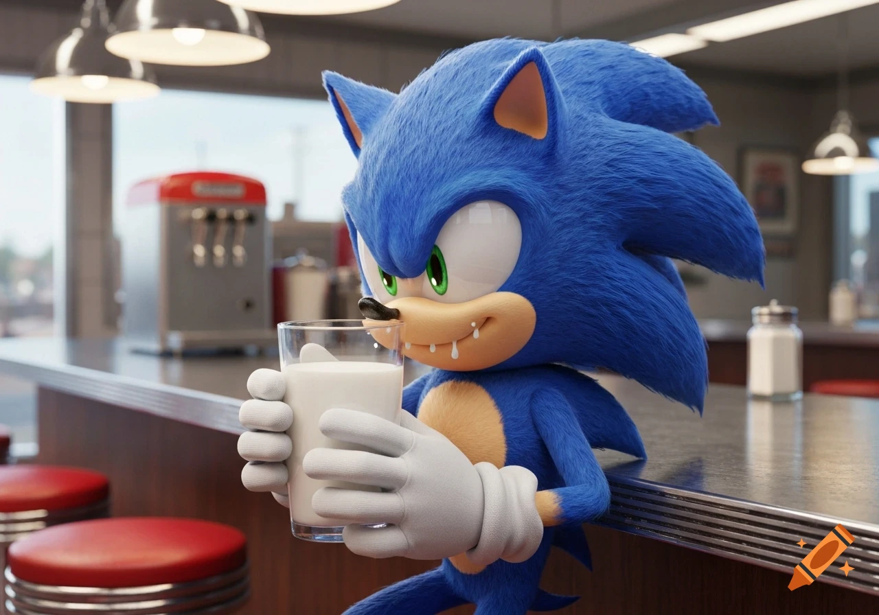 Sonic the Hedgehog stands at a diner counter, holding a glass of milk with milk drips on his muzzle.