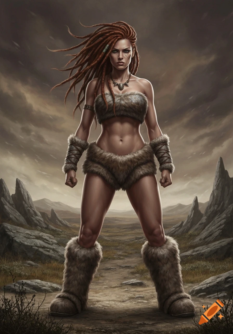 A muscular female barbarian with red dreadlocks wearing fur attire stands in a rocky, desolate landscape. Digital art.