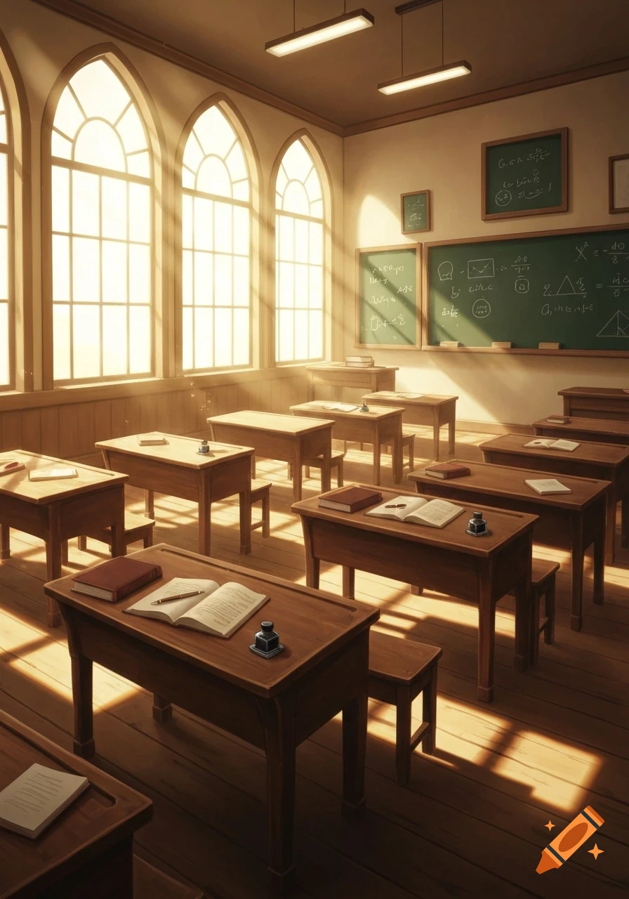 Drawn classroom with wooden desks, arched windows with sunlight, and chalkboards.