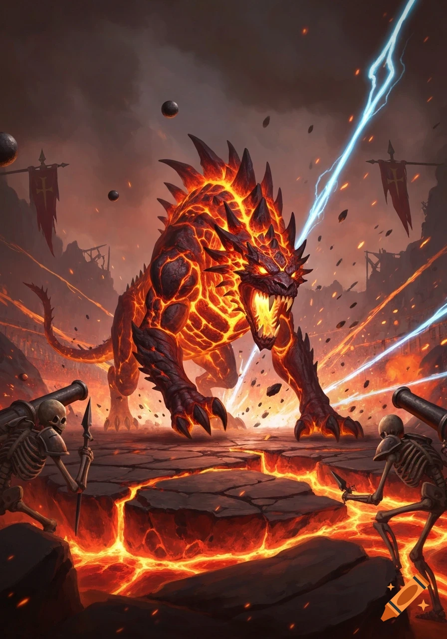 A giant lava monster with glowing cracks in its skin roars in a fiery battleground, facing two skeletal warriors amidst lightning.